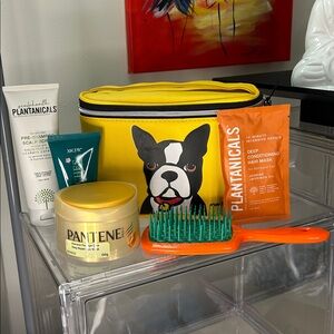 Marc Tetro Yellow Dog Print Cosmetic Bag with Hair Care Products & Brush Set NWT